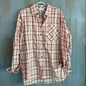 WOMENS URBAN DAISY PINK AND BROWN PLAID SHIRT SZ XL NWOT